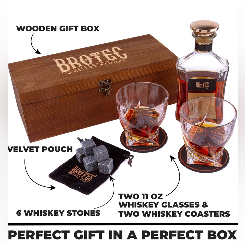 Brotec Whiskey Stones & Glasses Set in Wooden Box - Picture 3 of 9